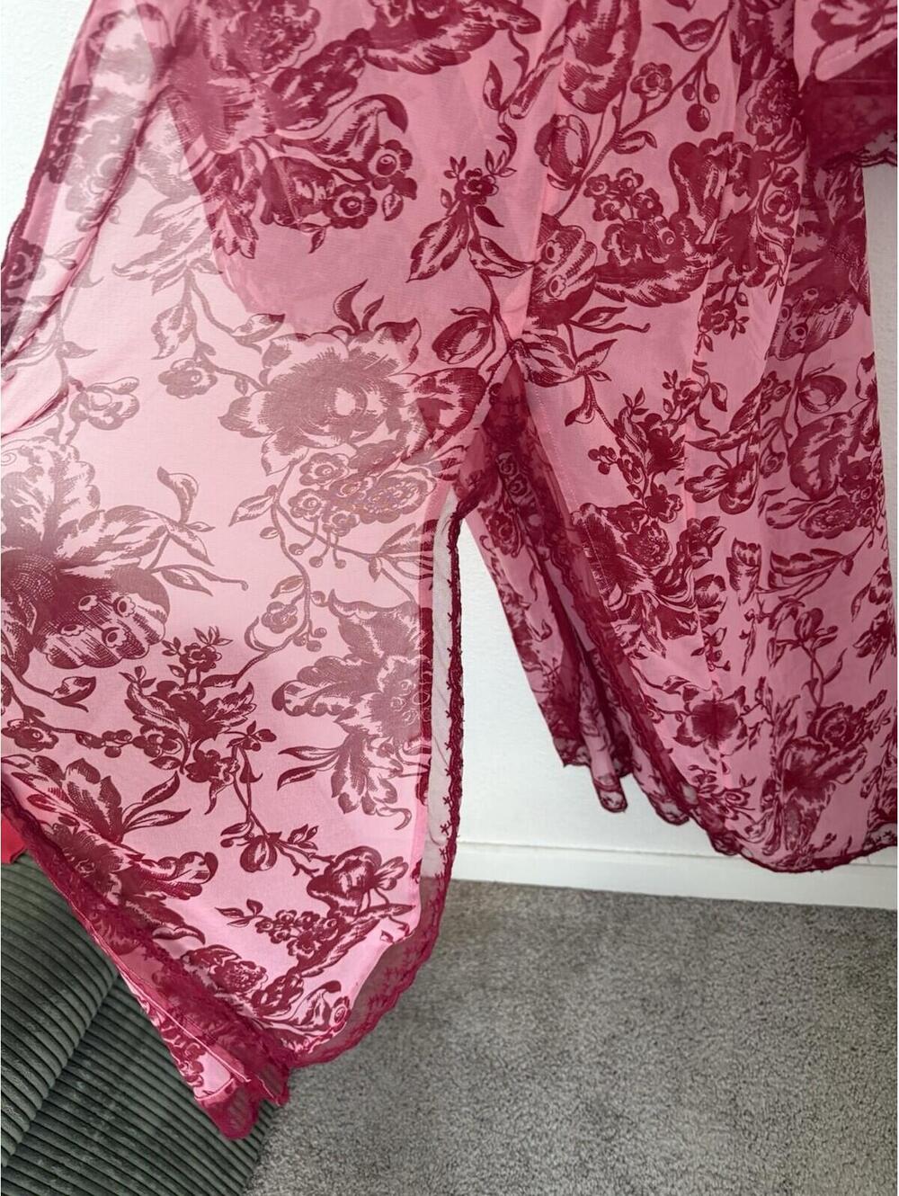 Anthropologie Lyrebird Embroidered Lace-Trim Feminine Satin Duster‎ Kimono Sz XS - Picture 5 of 7